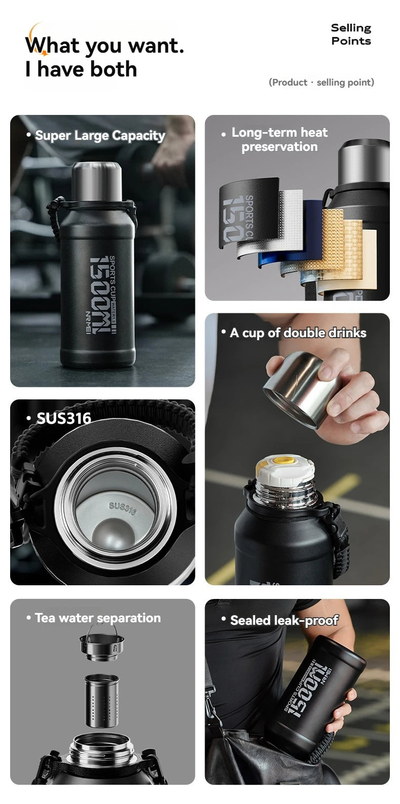2L Thermos Bottle Insulated Water Bottle Vacuum Flask Stainless Steel Thermal Bottle Cold Coffee Hot Tea Cup Drinkware Gym Mug